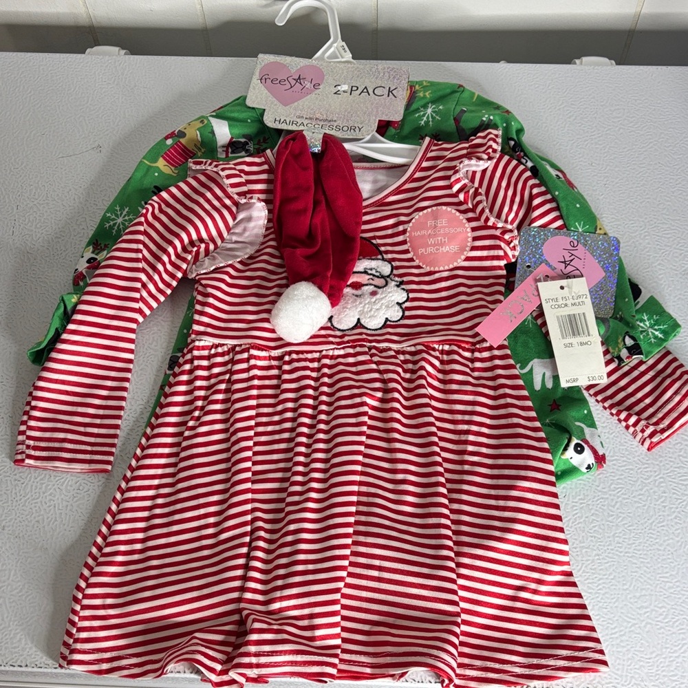 Freestyle Festive Striped dress with Santa Hat - Red and Green - Set Of Two